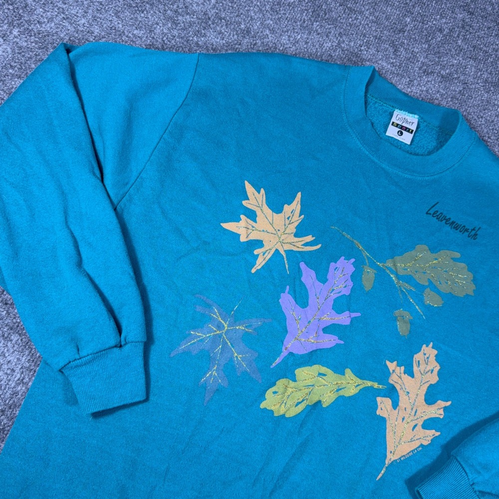 Vintage Gopher Sport Leavenworth Sweatshirt Teal Blue Glitter Leaves Large USA